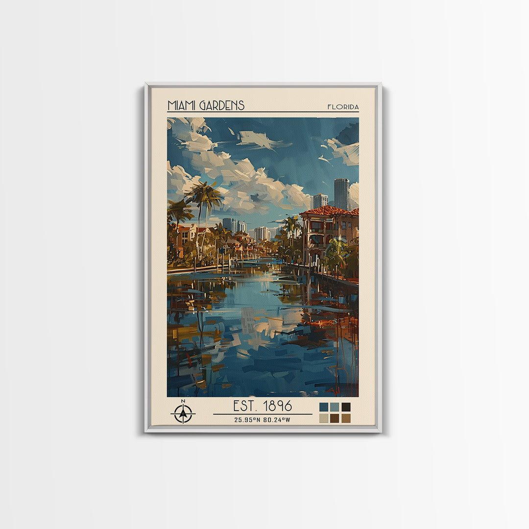 Miami Gardens Travel Poster, Framed Canvas Print, Travel Wall Art, City Wall Art, Travel Prints, Travel Art Print, Colorful Wall Art