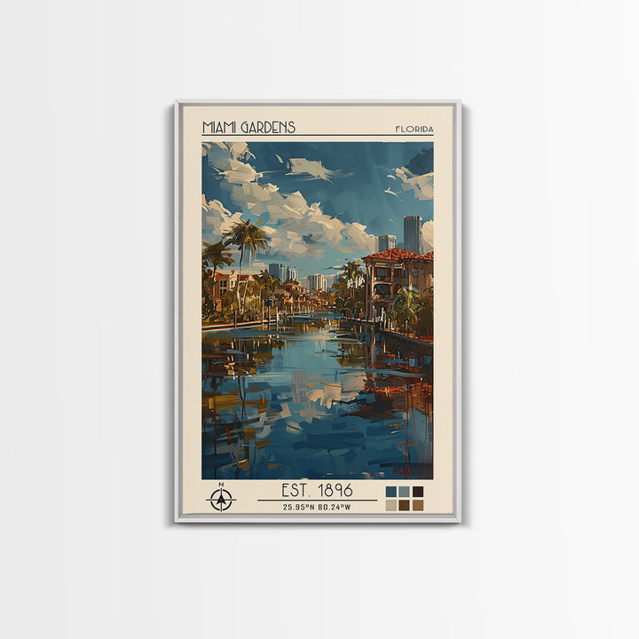 Miami Gardens Travel Poster, Framed Canvas Print, Travel Wall Art, City Wall Art, Travel Prints, Travel Art Print, Colorful Wall Art