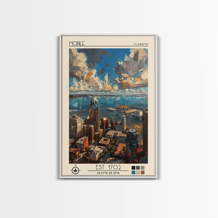 Mobile Travel Poster, Framed Canvas Print, Retro Wall Art, Travel Print, Travel Prints, Wall Art, Travel Wall Art, City Illustration