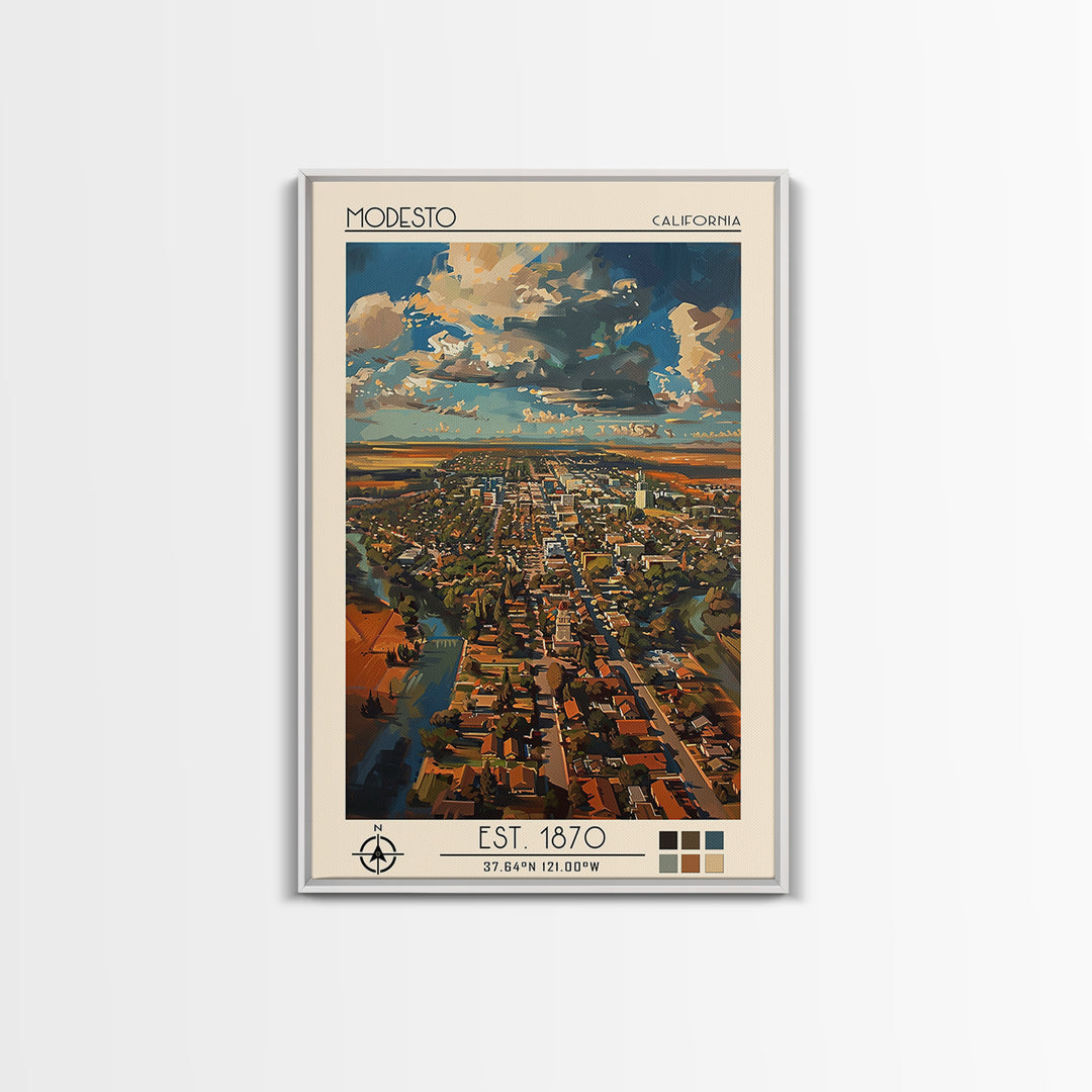 Modesto Travel Poster, Framed Canvas Print, Retro Wall Art, Travel Print, Minimalist Poster, Modern Wall Decor, Living Room Wall Art