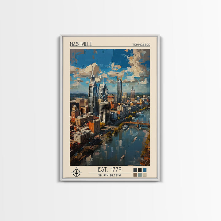 Nashville Travel Poster, Framed Canvas Print, Retro Wall Art, Travel Print, Retro Travel Print, Modern Wall Decor, Colorful Wall Art