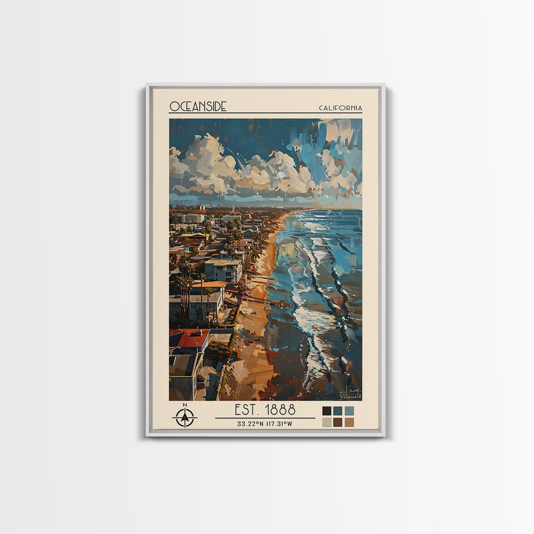 Oceanside Travel Poster, Framed Canvas Print, Retro Travel Poster, City Wall Art, Travel Decor, Retro Wall Art, Mid Century Wall Art