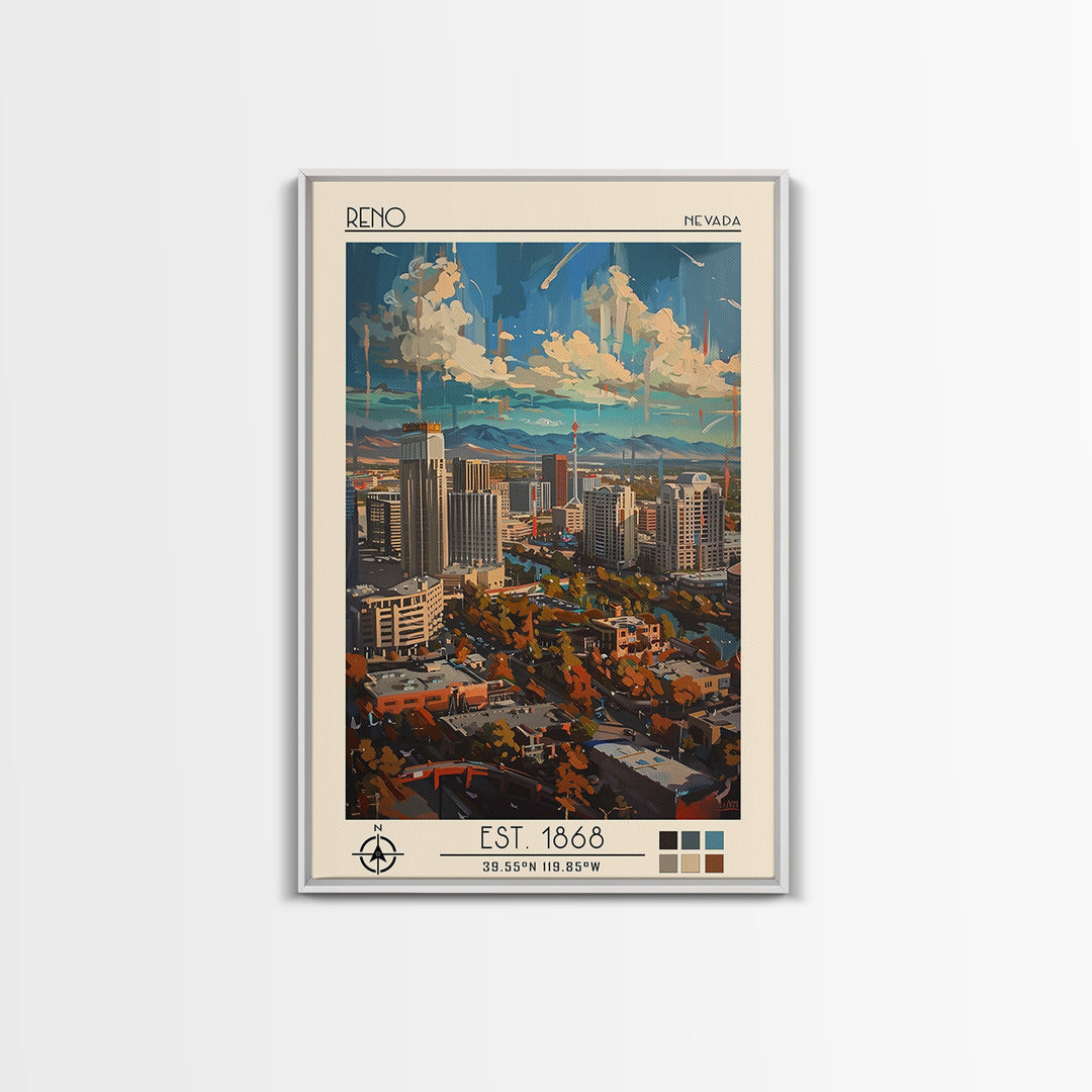 Reno Travel Poster, Framed Canvas Print, Travel Prints, Landscape Art, Home Decor, Fine Art Print, Travel Wall Decor, City Art Print