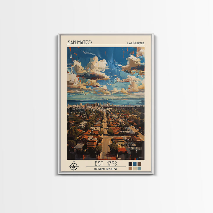 San Mateo Travel Poster, Framed Canvas Print, City Travel Poster, Travel Wall Decor, Home Decor, City Wall Art, Living Room Wall Art