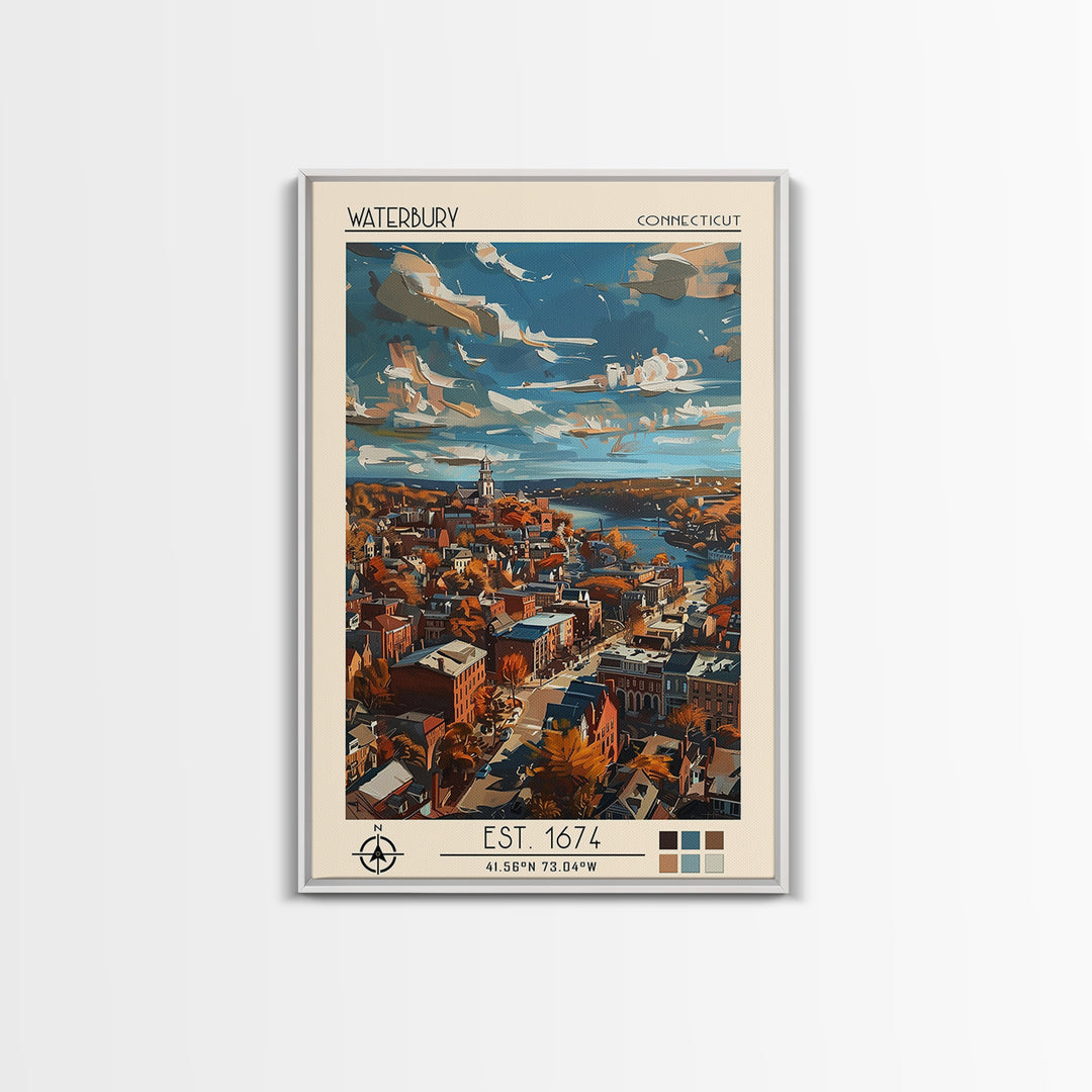 Waterbury Travel Poster, Framed Canvas Print, Travel Prints, Landscape Art, Vintage Travel, City Wall Art, Wall Art, Travel Wall Art