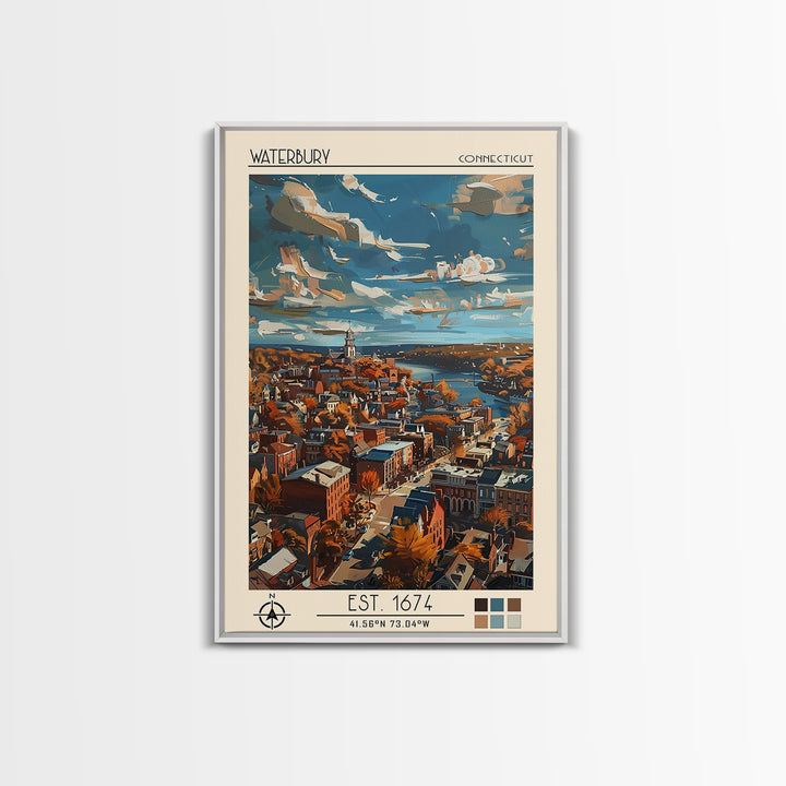 Waterbury Travel Poster, Framed Canvas Print, Travel Prints, Landscape Art, Vintage Travel, City Wall Art, Wall Art, Travel Wall Art