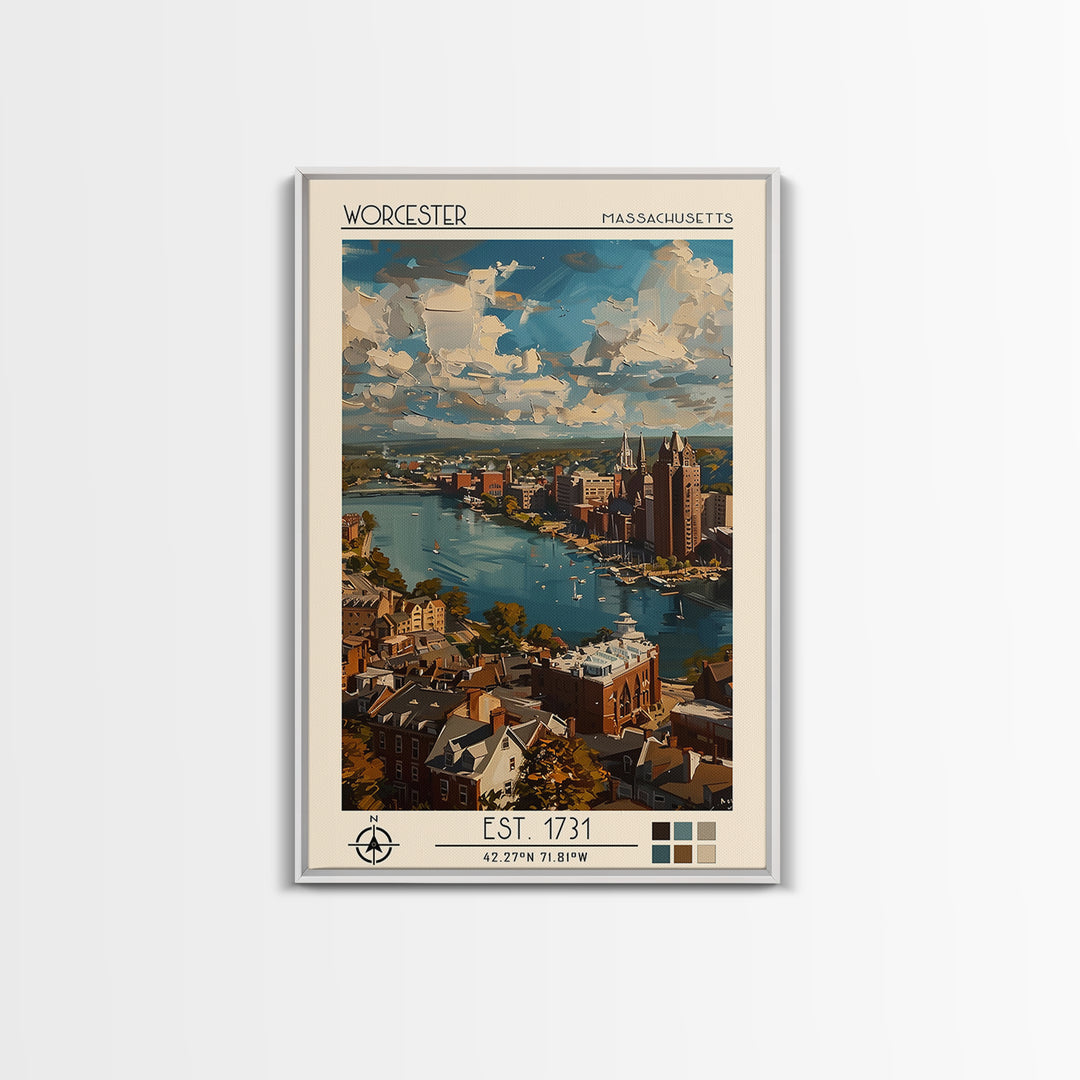 Worcester Travel Poster, Framed Canvas Print, Vintage Travel Print, City Wall Art, Retro Travel Poster, Poster Print, Fine Art Print