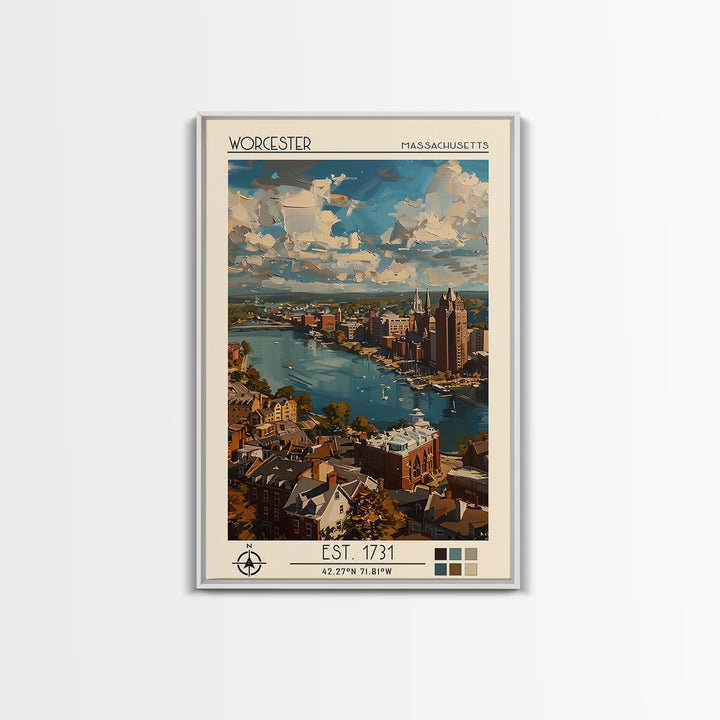 Worcester Travel Poster, Framed Canvas Print, Vintage Travel Print, City Wall Art, Retro Travel Poster, Poster Print, Fine Art Print