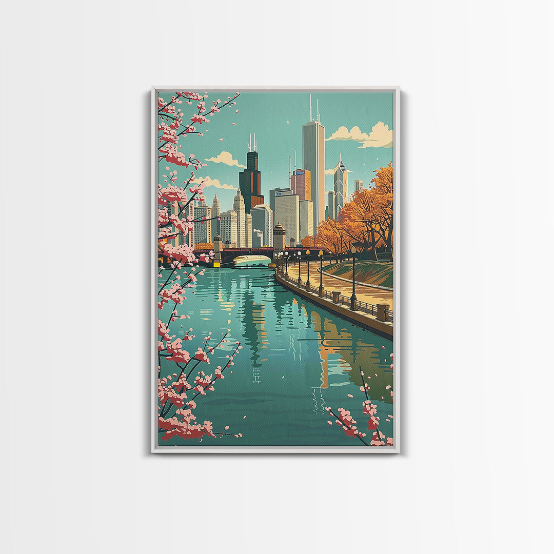 Chicago Travel Poster, Framed Canvas Print, City Art Print, Travel Wall Art, Travel Posters, Vintage Poster, Travel Prints, Wall Art