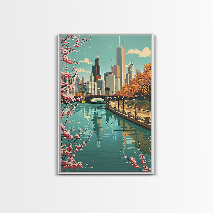 Chicago Travel Poster, Framed Canvas Print, City Art Print, Travel Wall Art, Travel Posters, Vintage Poster, Travel Prints, Wall Art