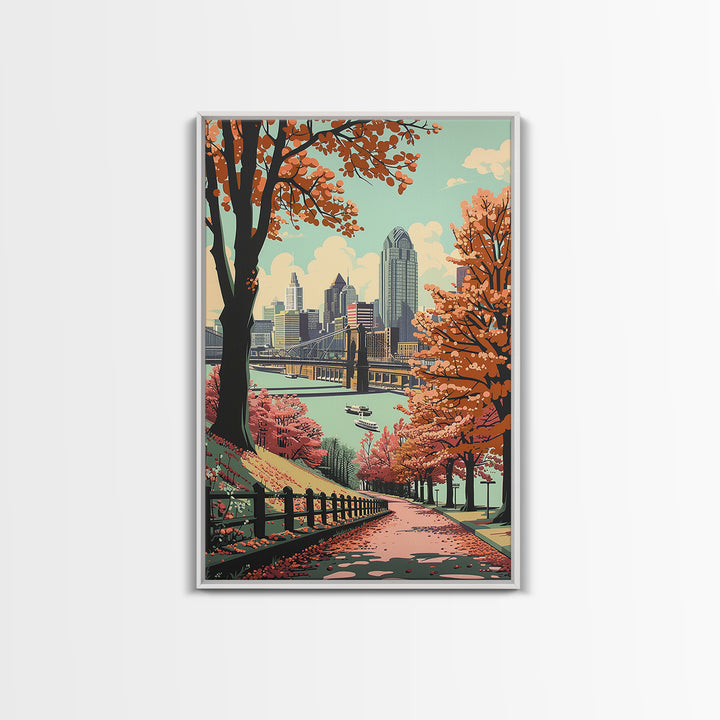 Cincinnati Travel Poster, Framed Canvas Print, Travel Wall Decor, Minimalist Poster, Fine Art Print, City Illustration, Travel Decor