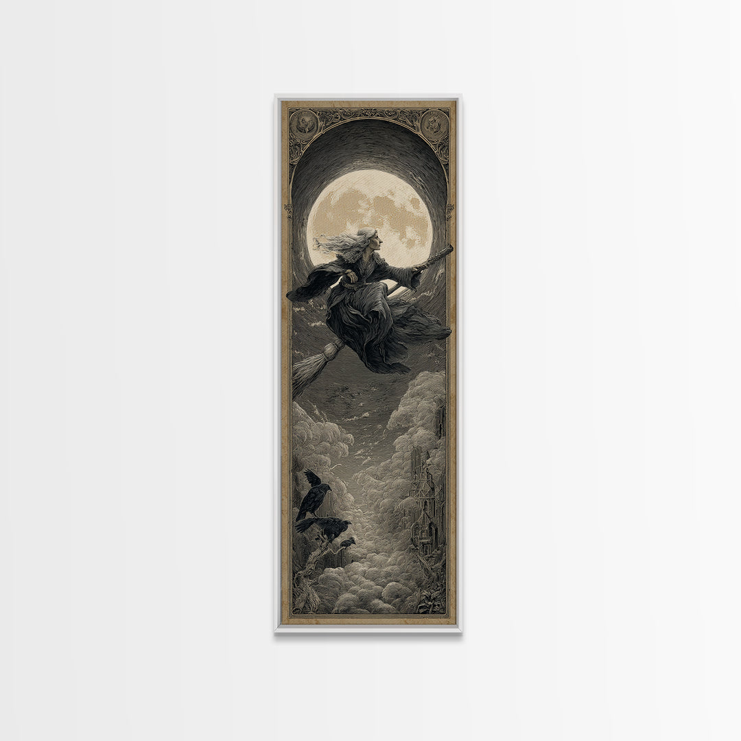 The Moonlit Witch, Gothic Engraving Art, Tall Narrow Wall Art, Dark Halloween Decor, Canvas Print, Halloween Wall Art