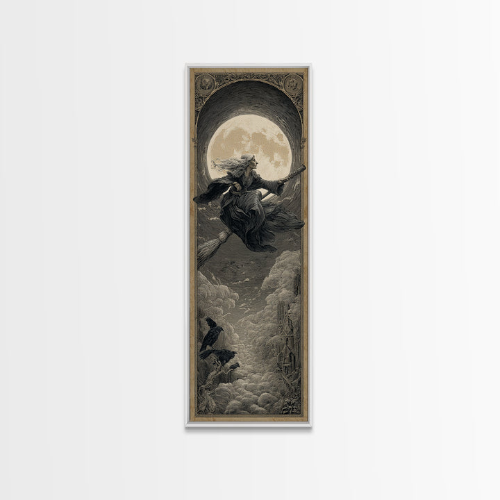 The Moonlit Witch, Gothic Engraving Art, Tall Narrow Wall Art, Dark Halloween Decor, Canvas Print, Halloween Wall Art