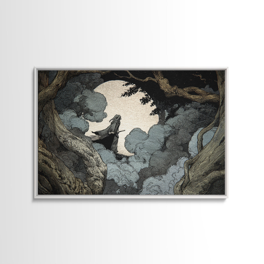 The Moonlit Witch, Gothic Storybook Art, Landscape Wall Art, Dark Halloween Decor, Canvas Print, Halloween Wall Art, Horror Wall Art