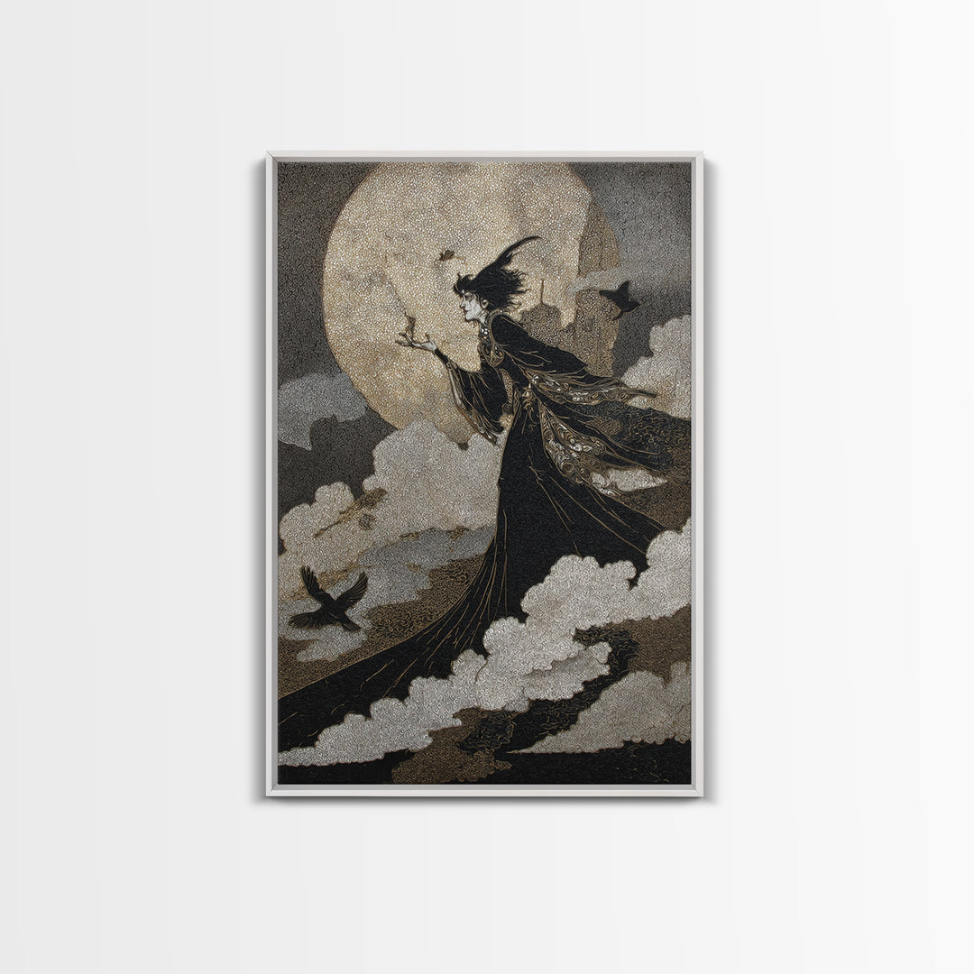 The Moonlit Witch, Stained Glass Gothic Art, Vertical Wall Art, Dark Fantasy Wall Art, Framed Canvas Print, Halloween Wall Art