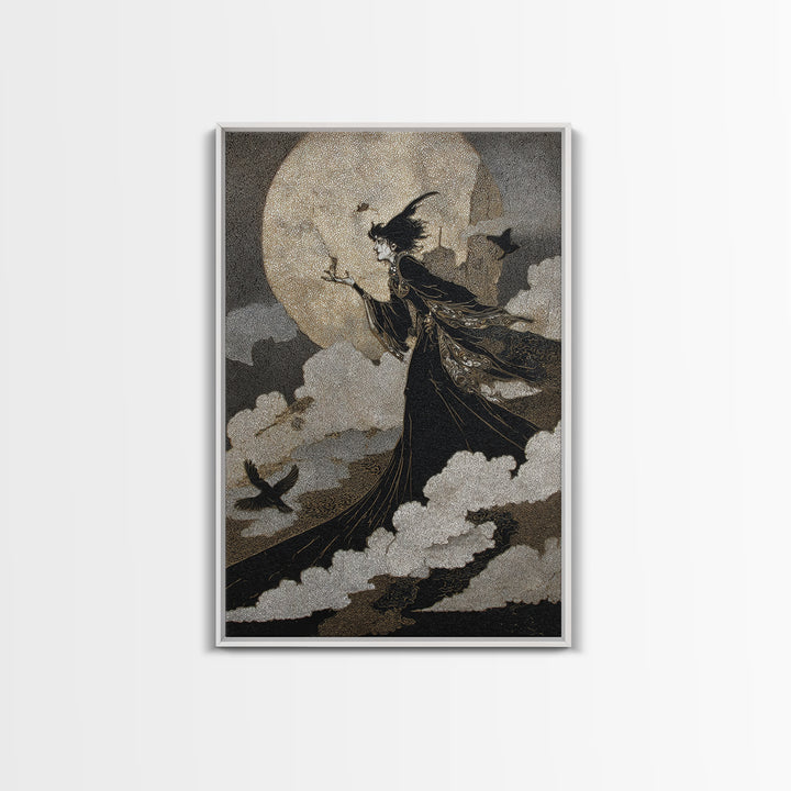 The Moonlit Witch, Stained Glass Gothic Art, Vertical Wall Art, Dark Fantasy Wall Art, Framed Canvas Print, Halloween Wall Art