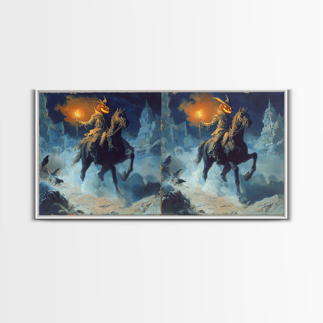 The Headless Horseman, Apocalyptic Romantic Art, Wide Panoramic Art, Gothic Horror Wall Art, Framed Canvas Print, Halloween Wall Art