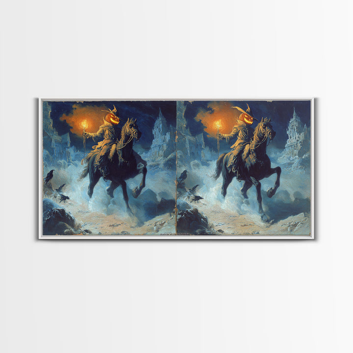 The Headless Horseman, Apocalyptic Romantic Art, Wide Panoramic Art, Gothic Horror Wall Art, Framed Canvas Print, Halloween Wall Art