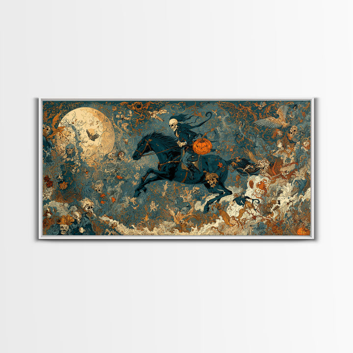 The Headless Horseman, Grotesque Carnival Art, Wide Panoramic Art, Dark Halloween Decor, Canvas Print, Halloween Wall Art