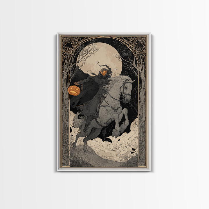 The Headless Horseman, Decadent Line Art, Vertical Wall Art, Gothic Horror Wall Art, Framed Canvas Print, Halloween Wall Art