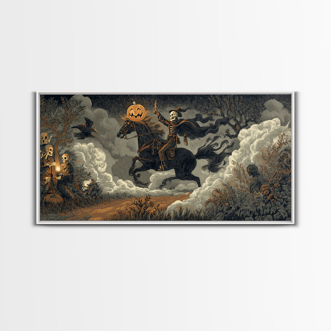 The Headless Horseman, Macabre Folk Print Art, Wide Panoramic Art, Gothic Horror Wall Art, Framed Canvas Print, Macabre Wall Art