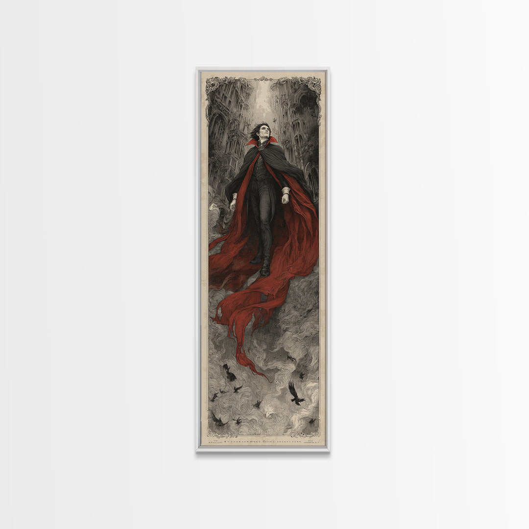 The Crimson Vampire, Gothic Engraving Art, Tall Narrow Wall Art, Dark Halloween Decor, Framed Canvas Print, Halloween Wall Art