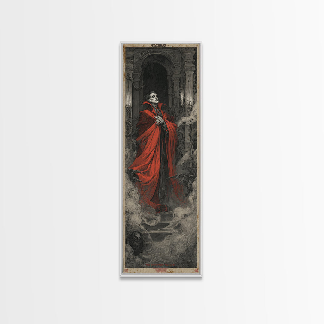 The Crimson Vampire, Architectural Etching Art, Tall Narrow Wall Art, Dark Fantasy Wall Art, Canvas Print, Halloween Wall Art