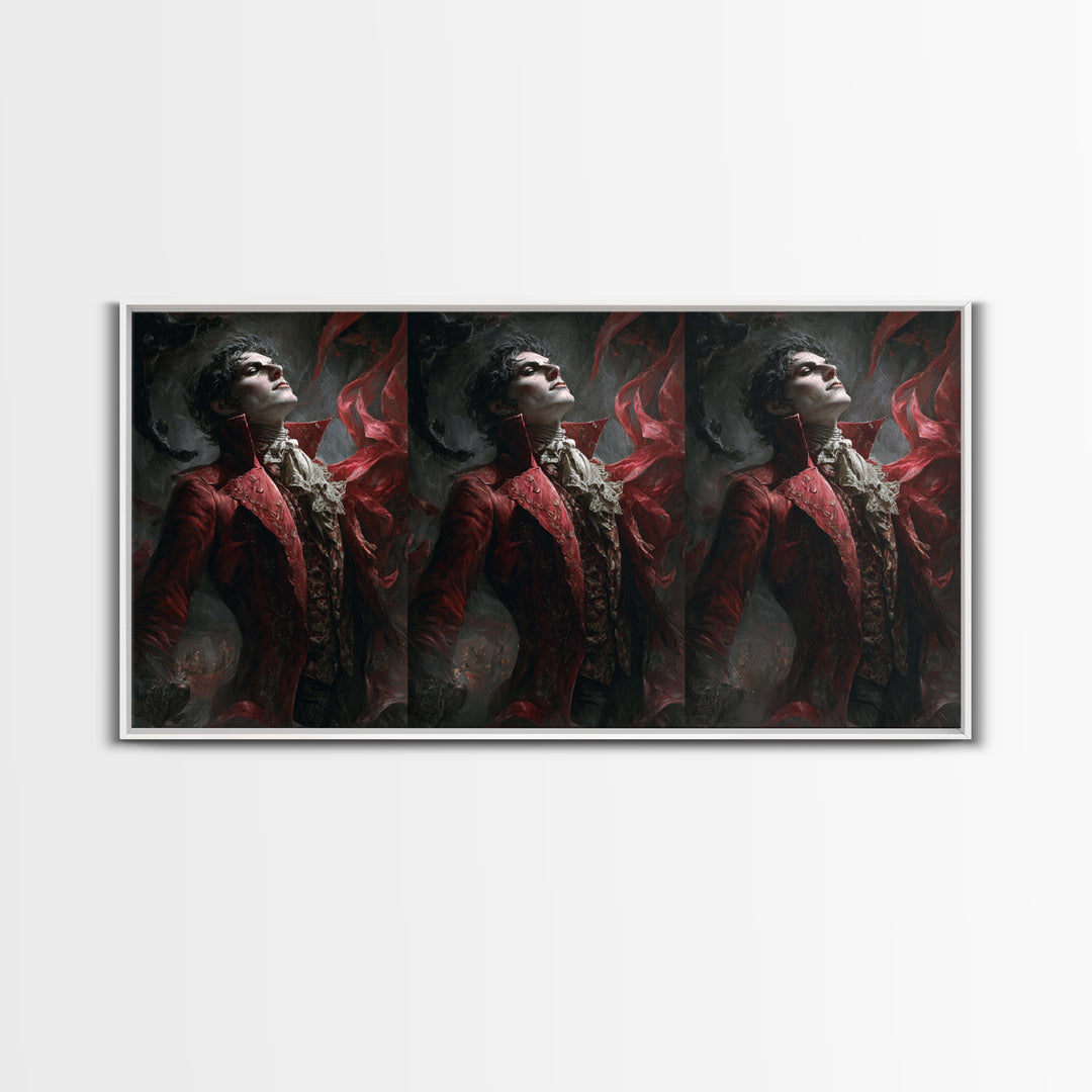 The Crimson Vampire, Apocalyptic Romantic Art, Wide Panoramic Art, Dark Halloween Decor, Framed Canvas Print, Halloween Wall Art
