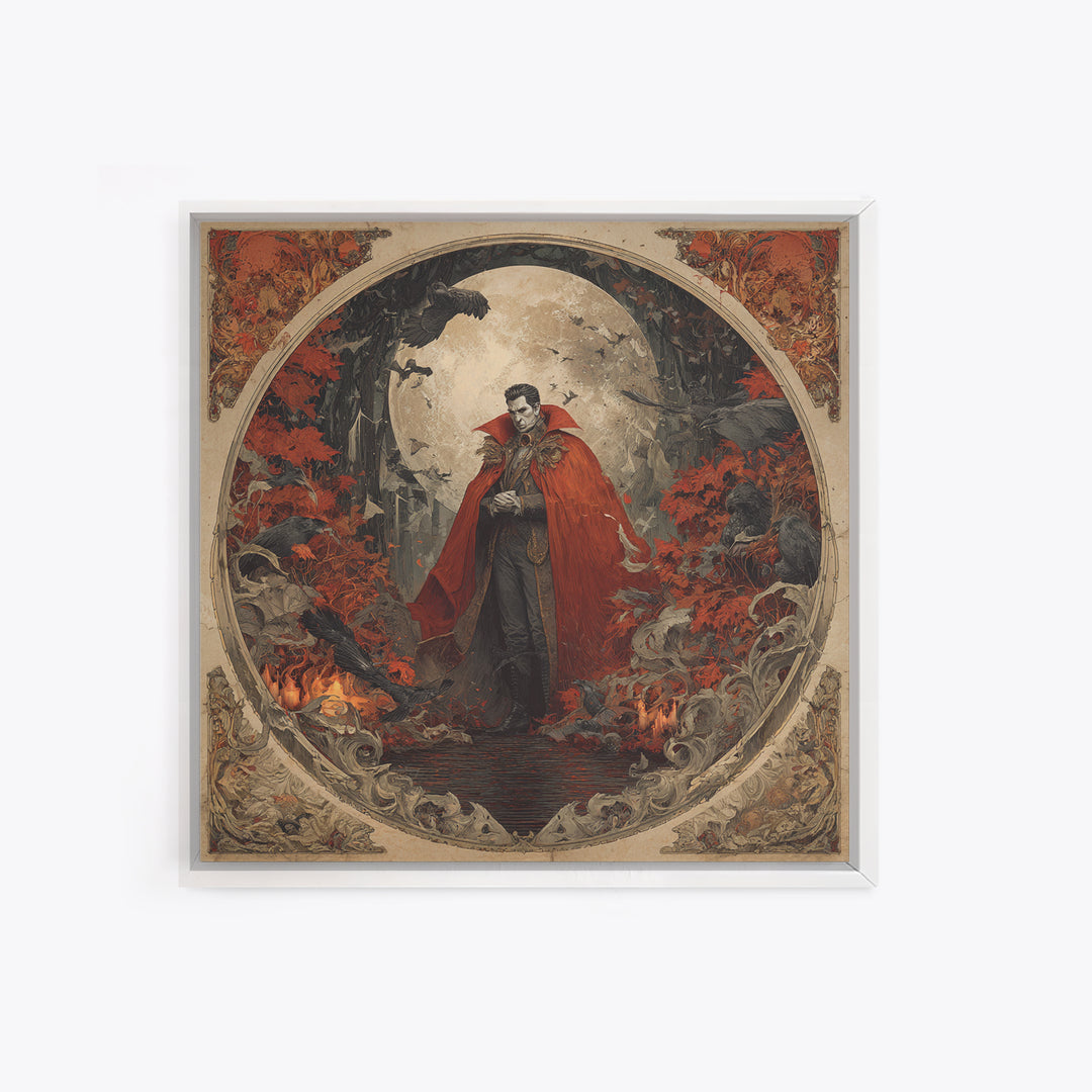 The Crimson Vampire, Symbolist Gothic Landscape, Square Wall Art, Dark Halloween Decor, Framed Canvas Print, Halloween Wall Art