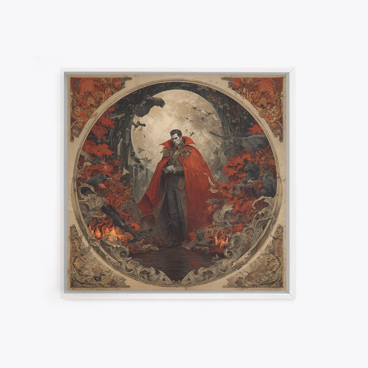 The Crimson Vampire, Symbolist Gothic Landscape, Square Wall Art, Dark Halloween Decor, Framed Canvas Print, Halloween Wall Art