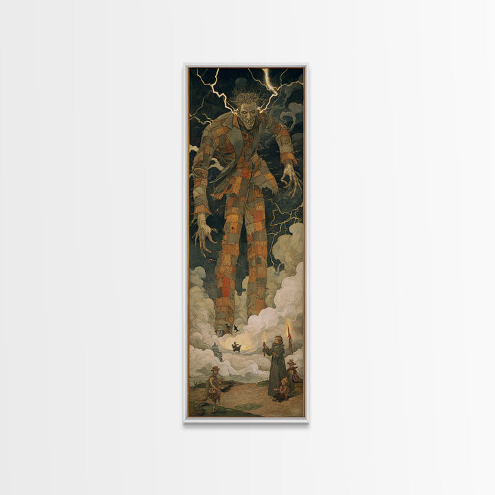 The Stitched Giant, Dark Symbolist Art, Tall Narrow Wall Art, Dark Fantasy Wall Art, Canvas Print, Halloween Wall Art
