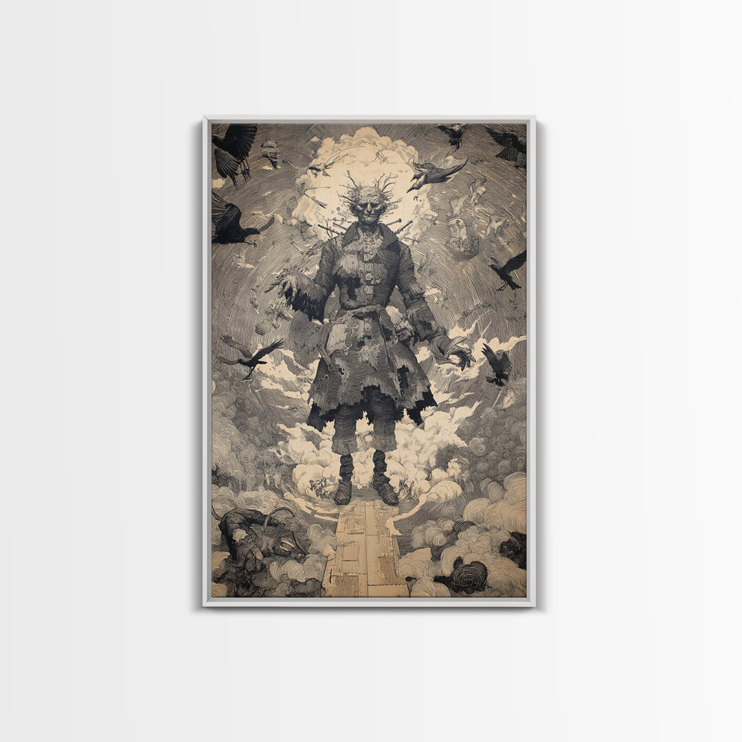 The Stitched Giant, Symbolist Etching Art, Vertical Wall Art, Dark Halloween Decor, Canvas Print, Halloween Wall Art, Dark Fantasy Art