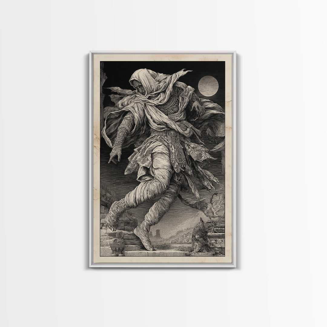 The Mummy Pharaoh, Renaissance Engraving Art, Vertical Wall Art, Dark Fantasy Wall Art, Framed Canvas Print, Halloween Wall Art