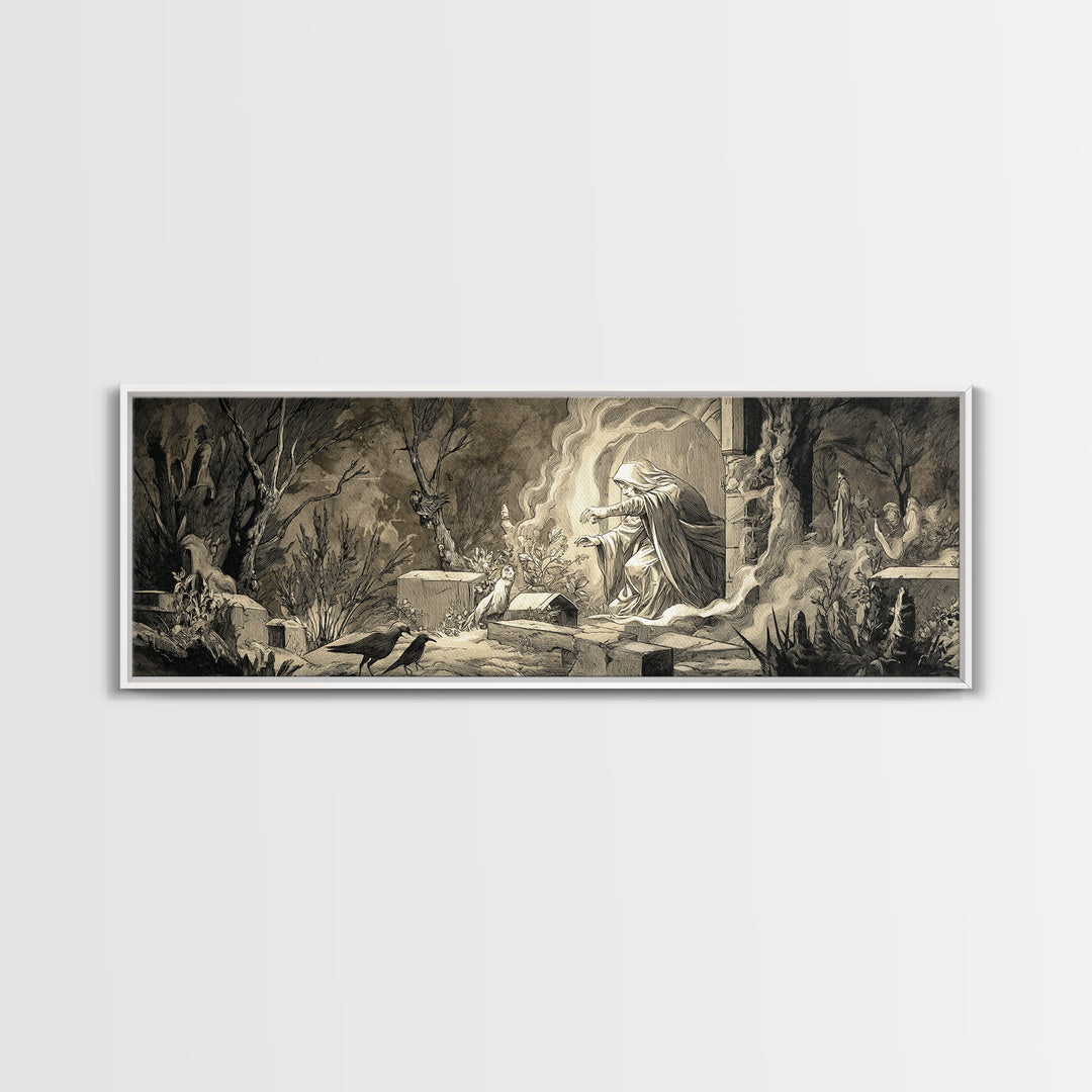 The Graveyard Ghost, Medieval Grotesque Art, Extra Wide Wall Art, Gothic Horror Wall Art, Canvas Print, Halloween Wall Art