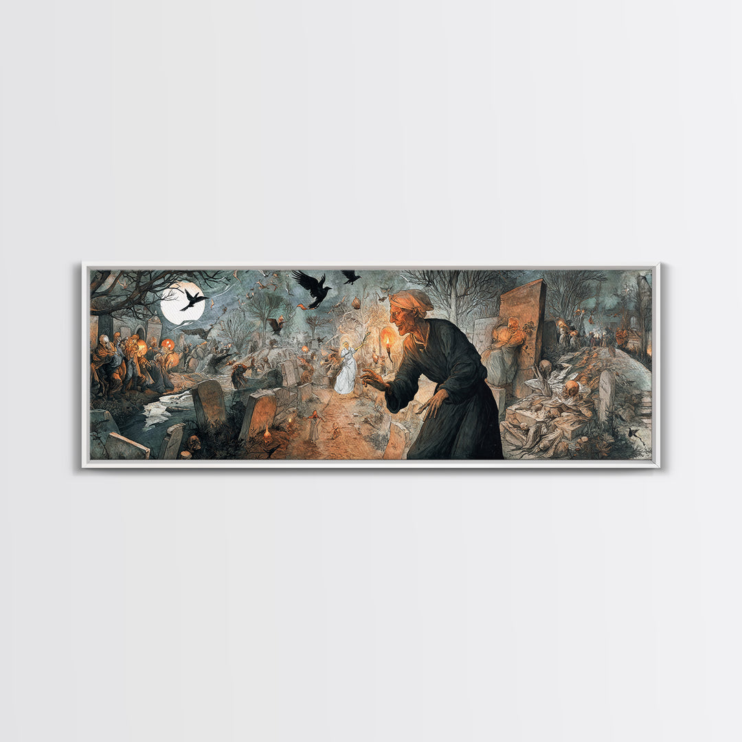 The Graveyard Ghost, Northern Renaissance Horror, Extra Wide Wall Art, Macabre Wall Art, Canvas Print, Halloween Wall Art