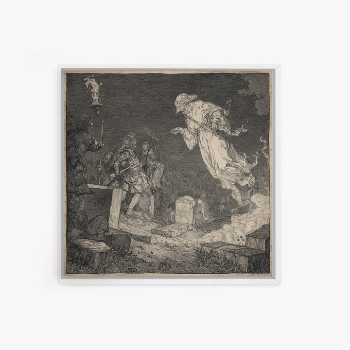 The Graveyard Ghost, Renaissance Engraving Art, Square Wall Art, Gothic Horror Wall Art, Canvas Print, Halloween Wall Art