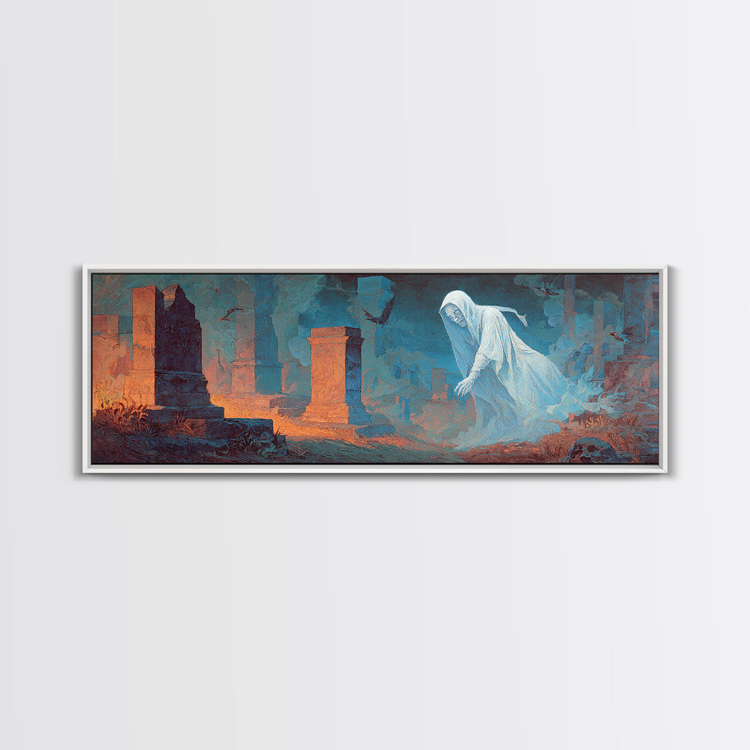 The Graveyard Ghost, Apocalyptic Romantic Art, Extra Wide Wall Art, Dark Halloween Decor, Canvas Print, Halloween Wall Art, Dark Fantasy Art