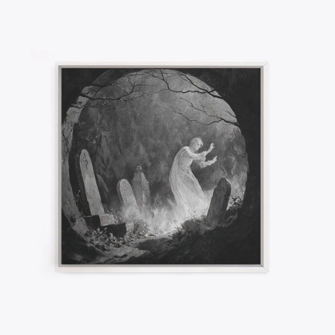 The Graveyard Ghost, Symbolist Dream Art, Square Wall Art, Dark Halloween Decor, Framed Canvas Print, Halloween Wall Art
