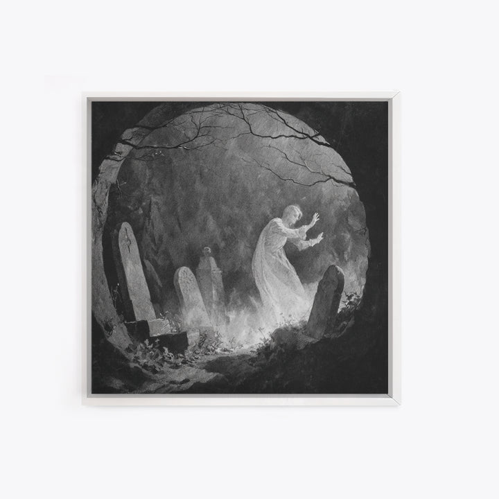 The Graveyard Ghost, Symbolist Dream Art, Square Wall Art, Dark Halloween Decor, Framed Canvas Print, Halloween Wall Art