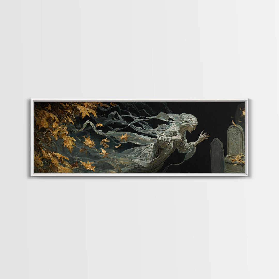The Graveyard Ghost, Ornate Symbolist Art, Extra Wide Wall Art, Dark Fantasy Wall Art, Framed Canvas Print, Halloween Wall Art