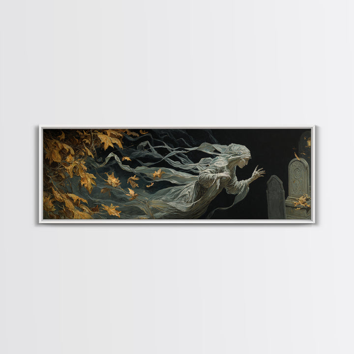 The Graveyard Ghost, Ornate Symbolist Art, Extra Wide Wall Art, Dark Fantasy Wall Art, Framed Canvas Print, Halloween Wall Art