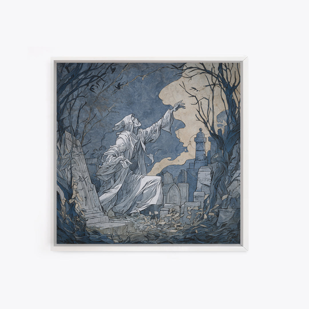 The Graveyard Ghost, Symbolist Etching Art, Square Wall Art, Macabre Wall Art, Framed Canvas Print, Halloween Wall Art, Gothic Home Decor