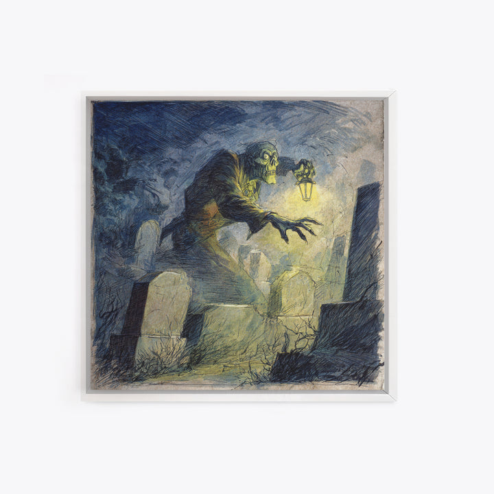 The Graveyard Ghost, Expressionist Nightmare Art, Square Wall Art, Dark Halloween Decor, Framed Canvas Print, Halloween Wall Art