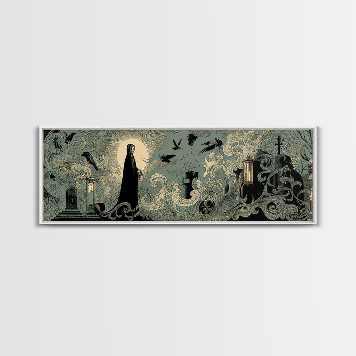 The Graveyard Ghost, Decadent Line Art, Extra Wide Wall Art, Dark Fantasy Wall Art, Framed Canvas Print, Halloween Wall Art