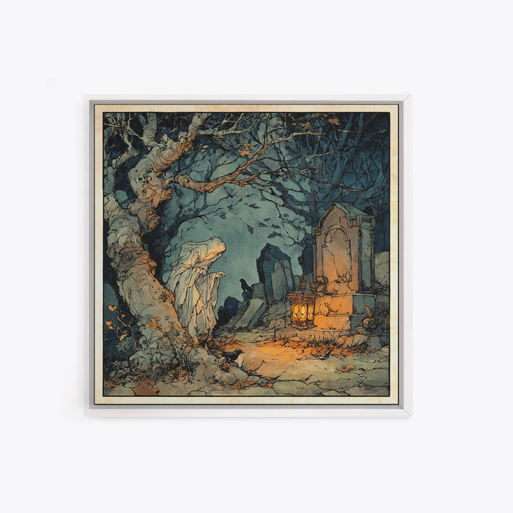 The Graveyard Ghost, Gothic Storybook Art, Square Wall Art, Dark Fantasy Wall Art, Canvas Print, Halloween Wall Art