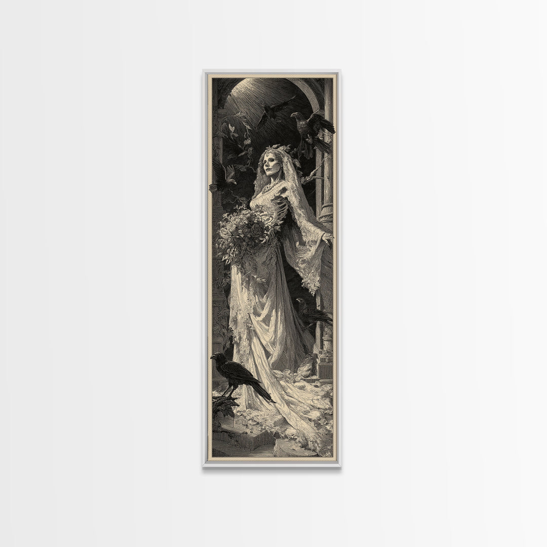 The Skeletal Bride, Gothic Engraving Art, Tall Narrow Wall Art, Gothic Horror Wall Art, Canvas Print, Halloween Wall Art