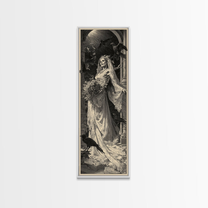 The Skeletal Bride, Gothic Engraving Art, Tall Narrow Wall Art, Gothic Horror Wall Art, Canvas Print, Halloween Wall Art