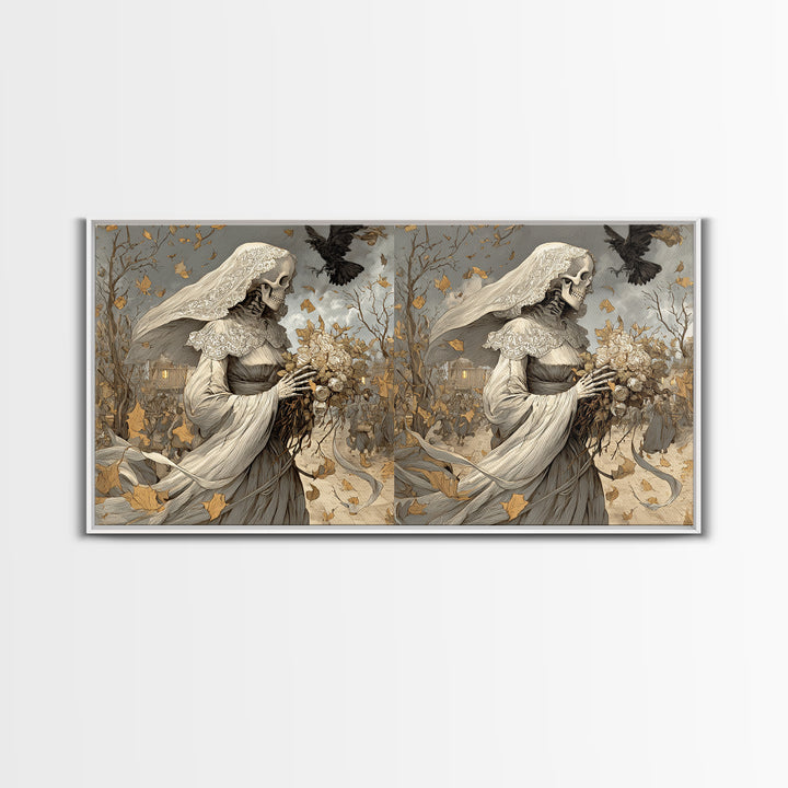 The Skeletal Bride, Northern Renaissance Horror, Wide Panoramic Art, Dark Fantasy Wall Art, Canvas Print, Halloween Wall Art