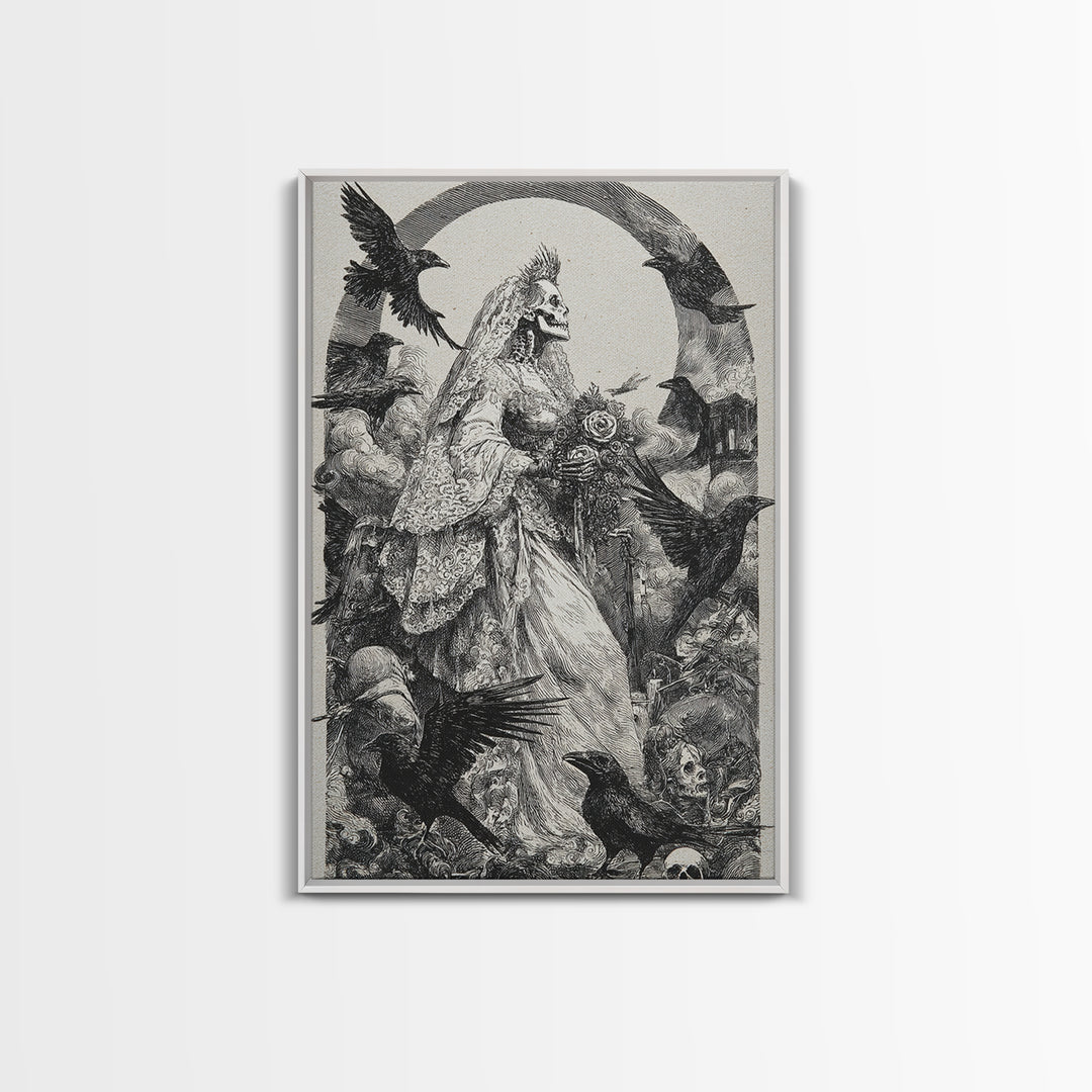 The Skeletal Bride, Renaissance Engraving Art, Vertical Wall Art, Macabre Wall Art, Framed Canvas Print, Halloween Wall Art