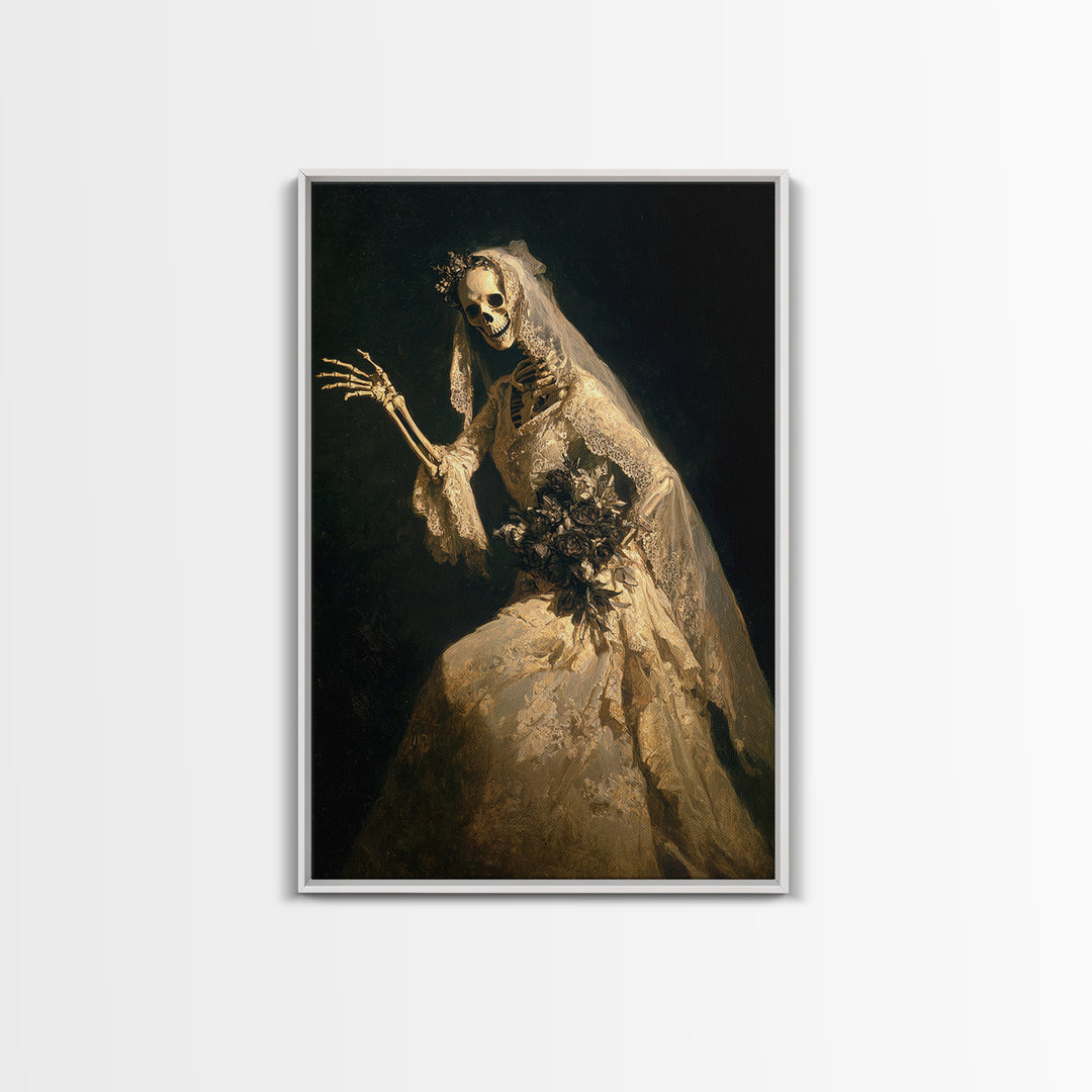 The Skeletal Bride, Dark Romantic Horror Art, Vertical Wall Art, Gothic Horror Wall Art, Framed Canvas Print, Halloween Wall Art